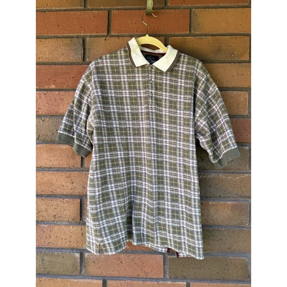 Greg Norman Retro Plaid Golf Polo Shirt Mens Medium 100% Cotton Green Cream